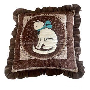 Vintage Brown Ruffle Cat Throw Pillow Quilted White Kitten Accent Decor